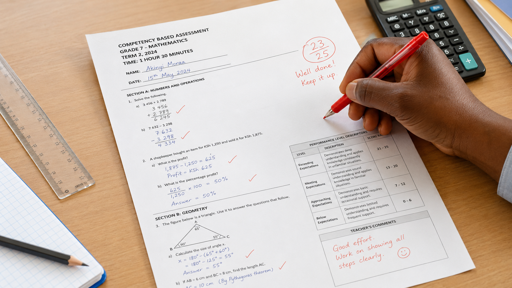 Teacher reviewing a marked CBC assessment paper